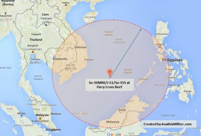 Ilustrasi jangkauan pesawat tempur Su-30MKK/J-11/Su-35S milik China dari Fiery Cross Reef